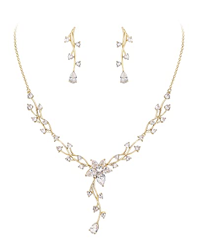 Crysdue Women's Wedding Bridal Jewelry Set for Brides Bridesmaids Cubic Zirconia Flower Leaf Vine Necklace Dangle Earrings for Prom Party - style: 13-gold