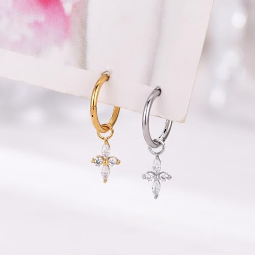 Ourania 16G Gold Stainless Steel Zircon Dangle Huggie Hoop Rook Piercing Helix Hoop Earring Tragus Hoop Cartilage Piercing for Women - color: Flower Gold 2PCS, size: 1.2*8mm 2pcs