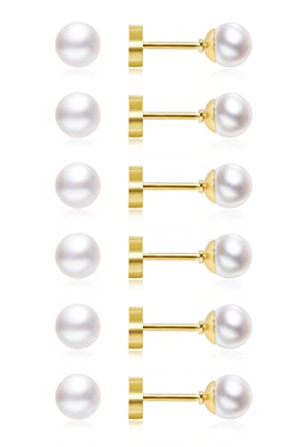 Dainty Flat Back Pearl Earrings for Women, 6 Pairs Flatback Pearl Earrings in 14K Gold Silver 3-8MM Studs Earring Sets for Multiple Piercing Hypoallergenic - style: 14K Gold - 4mm Pearl Earrings