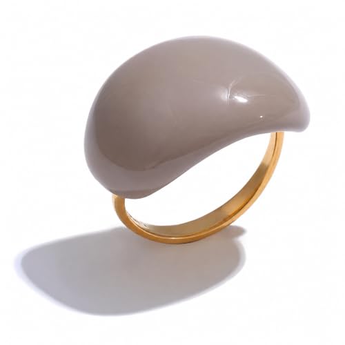 Mchic Chunky Rings for Women, Colorful Enamel Dome Statement Cocktail Ring | 18K Gold Plated Stainless Steel Adjustable Open Band, Puffy Bold Smooth Design for Thumb or Finger, Cute Fashion Jewelry Gift - color: Taupe