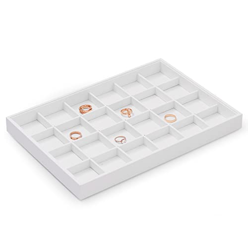 White PU Leather Stackable 24-Grid Jewelry Display Organizer Tray | Stackable design, ideal for earring ring storage on dresser drawers, home collection and retail counter display - size: 24 Grid