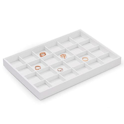 White PU Leather Stackable 24-Grid Jewelry Display Organizer Tray | Stackable design, ideal for earring ring storage on dresser drawers, home collection and retail counter display - size: 24 Grid