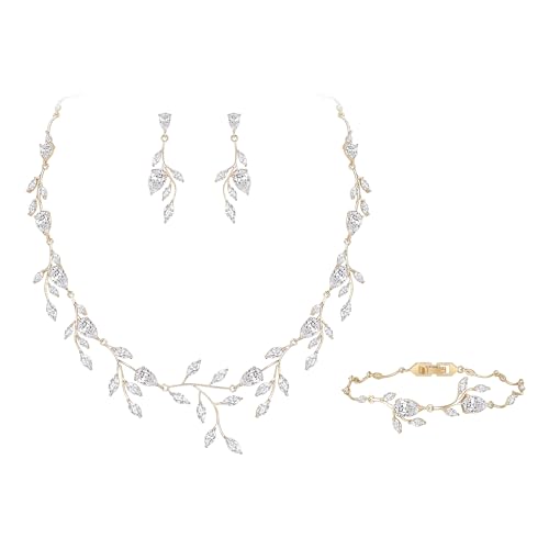 Cubic Zirconia Leaf Vine Wedding Jewelry Set for Bride Women Bridesmaid | Pear-Shaped Birthstone, Necklace Dangle Earrings for Bridesmaid, Silver-Plated-Brass - color: 3pcs_Clear Gold-Plated-Brass