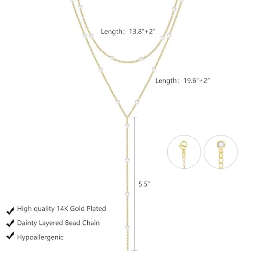 LULII Gold Necklace for Women Trendy Lariat Y Necklace Dainty 14k Gold Plated/Silver Long Necklaces for Women Layered Beaded Drop Necklaces Simple Y-Shaped Chain Jewelry Gifts - color: Y Layered Pearl Necklace-Gold