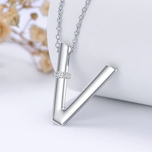 Initial Pendant Necklace 14K White Gold Plated A-Z 26 Letter Alphabet Pendant 925 Sterling Silver Jewelry Gift for Women Girls Teens - style: Alphabet - V