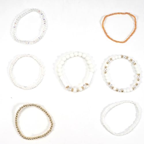 7Pcs Bohemia Multilayer Stackable Crystal Beaded Bracelet Set Multicolor Surfer Heishi Clay Gold Beaded Friendship Stretch Bracelets for Women Men Summer Beach Boho Vacation Jewelry Gifts - color: Z-White
