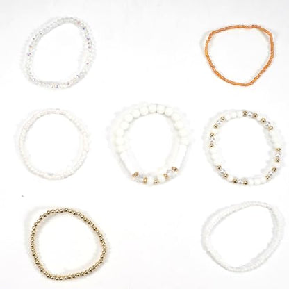 7Pcs Bohemia Multilayer Stackable Crystal Beaded Bracelet Set Multicolor Surfer Heishi Clay Gold Beaded Friendship Stretch Bracelets for Women Men Summer Beach Boho Vacation Jewelry Gifts - color: Z-White