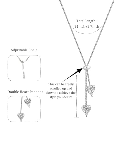 Silver Heart Lariat Necklace Dainty Double Heart Pendant Y-shaped Snake Chain Necklace for Women Adjustable Choker Sterling Silver Jewelry Gift