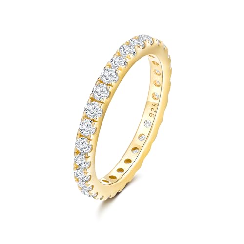 DAYBYDAY Sapphire/Emerald/Ruby Full Eternity Band Rings for Women, 2.4mm Thin Birthstone Stackable Rings, 925 Sterling Silver/14K Gold Plated Gemstone Wedding Band Anniversary Ring Size 6 to 10 - color: 04. White Cz, April, Gold Plated