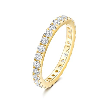 DAYBYDAY Sapphire/Emerald/Ruby Full Eternity Band Rings for Women, 2.4mm Thin Birthstone Stackable Rings, 925 Sterling Silver/14K Gold Plated Gemstone Wedding Band Anniversary Ring Size 6 to 10 - color: 04. White Cz, April, Gold Plated