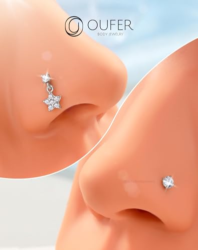 OUFER 2PCS Stainless Steel Nose Rings, Moon Star Butterfly Design 20G Nostril Dangle Piercing Jewelry - 7MM - style: Flower