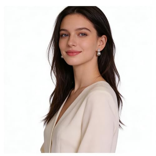 Faux Pearl Cubic Zirconia Stud Earrings, Hypoallergenic Lightweight Round Pearl Studs for Women - color: Blueish Silver, size: Pearl 12mm-CZ 4*8mm