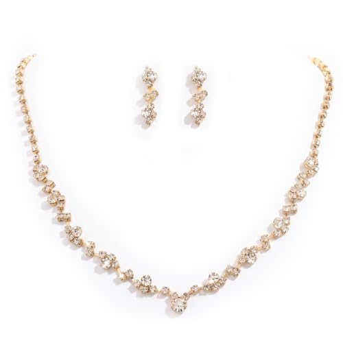 Unicra Bride Crystal Necklace Earrings Set Bridal Wedding Jewelry Sets Rhinestone Choker Necklace Costume Jewelry Set for Women and Brides - color: Gold Necklace Earrings