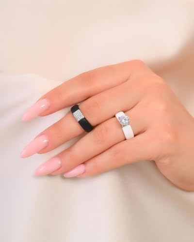 Rinfit Silicone Ring with Stone, Round Cut CZ | AAAAA Grade Cubic Zirconia, Solitaire Engagement Ring for Her, Flexible Rubber Wedding Band for Women, Patented Design - color: Pack M: Black & White / Silver