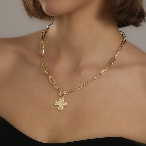 Chunky Cross Necklace for Women Trendy 14K Gold Silver Plated Statement Big Cross Pendant Paperclip Chain Charm Necklaces Religious Faith Easter Basket Stuffers Baptism Costume Jewelry Gift - color: Gold-Toggle-0.8 inch pendant