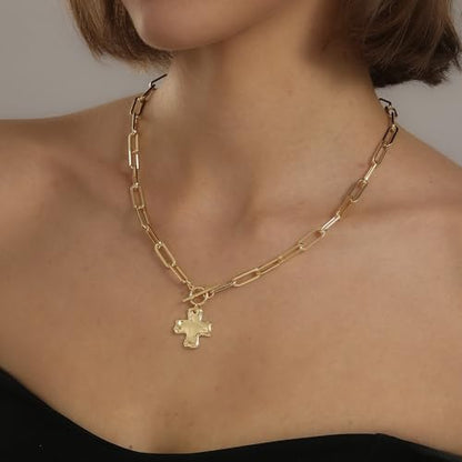 Chunky Cross Necklace for Women Trendy 14K Gold Silver Plated Statement Big Cross Pendant Paperclip Chain Charm Necklaces Religious Faith Easter Basket Stuffers Baptism Costume Jewelry Gift - color: Gold-Toggle-0.8 inch pendant