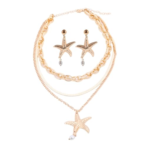 Gold Layered Stackable Starfish Earrings Necklace Sets for Women,Boho Faux Pearl Earrings Chunky Herringbone Pendant Necklace Ocean Matching Jewelry Gifts - color: Golden
