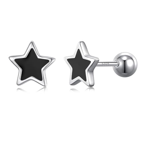 JSGEMSLEE Hypoallergenic 925 Sterling Silver Stud Earrings for Women With Screw Back Small Butterfly Heart Flower Earrings for Girls Tragus Cartilage Jewelry Gifts - color: black star