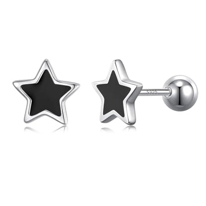 JSGEMSLEE Hypoallergenic 925 Sterling Silver Stud Earrings for Women With Screw Back Small Butterfly Heart Flower Earrings for Girls Tragus Cartilage Jewelry Gifts - color: black star