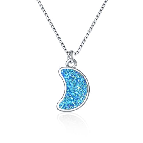Adabele Natural Druzy Necklace Small Tiny Moon Gemstone Pendant 18 inch Sparkly Agate Stone Crystal Women Jewelry Tarnish Resistant Stainless Steel/Gold Plated Chain - color: Aquamarine blue druzy - stainless steel