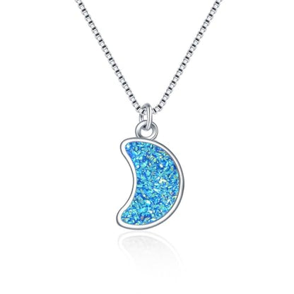 Adabele Natural Druzy Necklace Small Tiny Moon Gemstone Pendant 18 inch Sparkly Agate Stone Crystal Women Jewelry Tarnish Resistant Stainless Steel/Gold Plated Chain - color: Aquamarine blue druzy - stainless steel