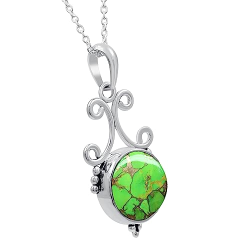 Natural Round Gemstone Pendant Necklace for Women, 925 Sterling Silver | Solitaire Birthstone Jewelry With 18 Inch Chain, Handmade Semi Precious Stone Pendant, Jewelry Gift for Mom, Wife & Sister - color: Green Copper Turquoise