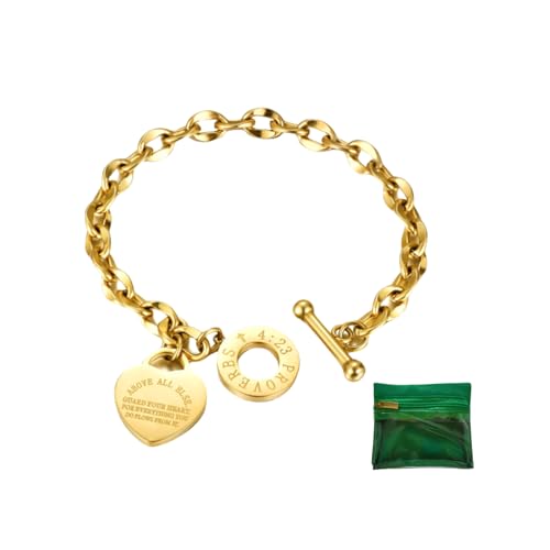 Charm Bracelet for Women 18k Gold/Silver/Rose Gold Plated Love Heart Elegant OT Clasp Stainless Steel Green Bag Packaging Jewelry Gift Birthday - color: 18k Gold, size: 8 inch