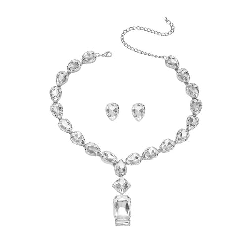 Fashion Colorful Green Silver Bridal Teardrop Crystal Necklace Earrings Set Square Necklace Pendant Crystal Wedding Jewelry for Women Exaggeration Halloween Choker Necklace Earrings Set for Women - color: Silver