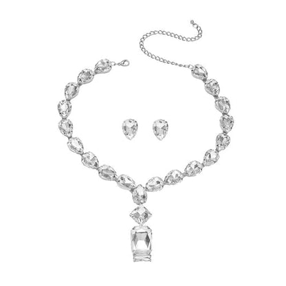 Fashion Colorful Green Silver Bridal Teardrop Crystal Necklace Earrings Set Square Necklace Pendant Crystal Wedding Jewelry for Women Exaggeration Halloween Choker Necklace Earrings Set for Women - color: Silver