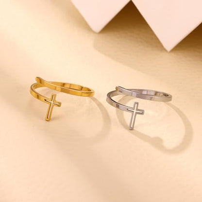 Cross Rings For Women, Faith Christian Blessed Hope Love Encouragement Pray Ring Adjustable Open Wrap Thumb Cross Inspirational Ring Dainty 14k gold Jewelry Easter Gift Non Tarnish - color: Silver 1