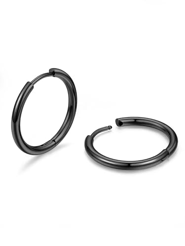 PROSTEEHoop Earrings for Men Women Stainless Steel Silver/Black/14K Gold | Waterproof & Lightweight Sleeper Small Huggie Earring Hypoallergenic Post Cartilage Piercing Jewelry for Mens Dad Gift Box - color: A. Round-Black, size: 16mm