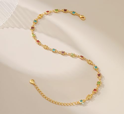 18K Gold Plated Anklet for Women Multicolor Crystal Ankle Bracelets Boho Adjustable Chain Anklets - color: Square