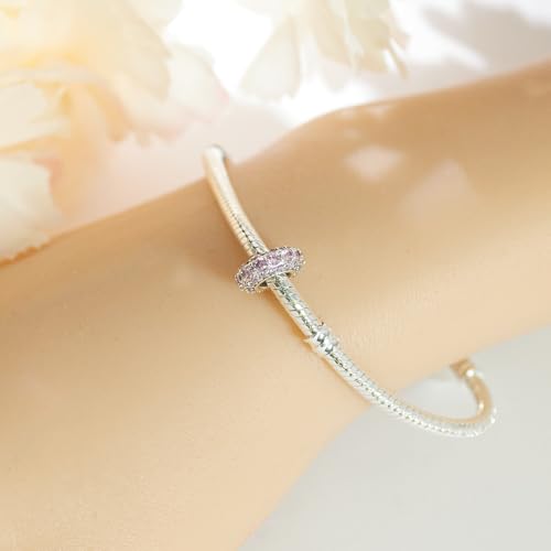 KEQ 925 Silver Spacer Stopper Bead Charms Clearance for Pandora Bracelets Birthstone CZ Always Stopper Birthday Gifts for Mom Grandmom Granddaughter Wife Sisters Friends - color: Pink(2 Pcs)
