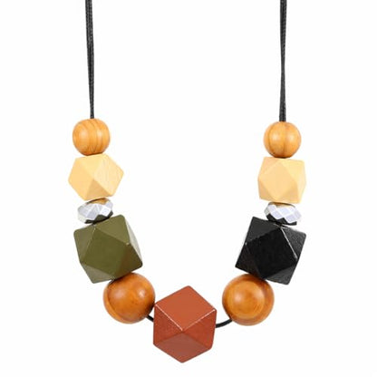 Boho Wooden Beaded Statement Necklace for Women, Geometric Chunky Wood Pendant Necklace, Tribal Ethnic Natural Fashion Jewelry for Vacation
