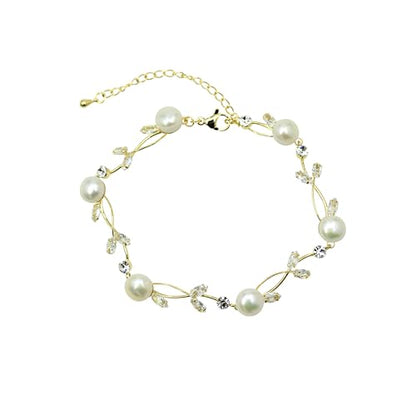 Faship Genuine Freshwater Pearls Floral Necklace Earrings Set | Premium CZ Crystal, Gorgeous, Sparkling - color: Clear/Gold-plated / Matching Bracelet