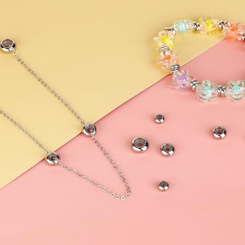 30pcs Stopper Beads for Charm Bracelets, 304 Stainless Steel Spacer Beads Adjustable Beads Slider Metal Loose Beads 6/8/10mm with Insert Rubber Locating Rings for DIY Bracelets Necklace Jewelry Making - color: silver