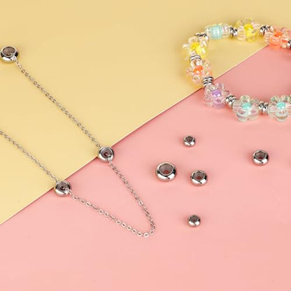 30pcs Stopper Beads for Charm Bracelets, 304 Stainless Steel Spacer Beads Adjustable Beads Slider Metal Loose Beads 6/8/10mm with Insert Rubber Locating Rings for DIY Bracelets Necklace Jewelry Making - color: silver