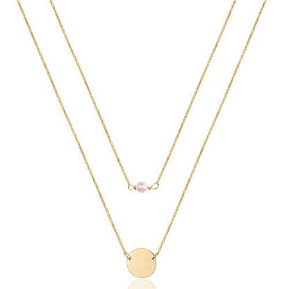 Turandoss Dainty Layered Choker Necklace, Handmade Y Pendant Necklace Multilayer Bar Disc Necklace Adjustable Layering Choker Necklaces for Women - style: 2PCS - simulated Pearl&Disc