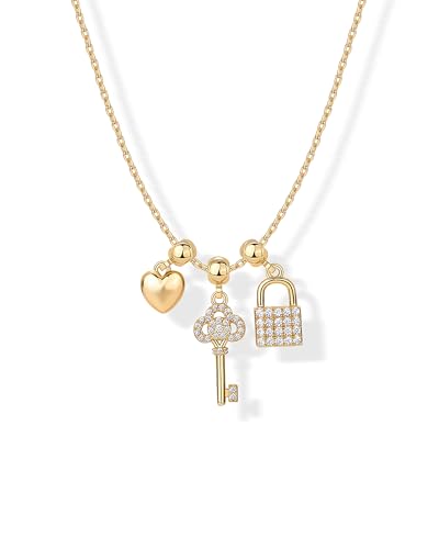 PAVOI 14K Gold Plated Dainty Necklace with Removable Charms Set for Women | 2 and 3-Pack Small Motif & Mantra Pendants, Adjustable Chain Gold Charm Necklace, Cute Jewelry Gifts - style: Key To Your Heart Pack