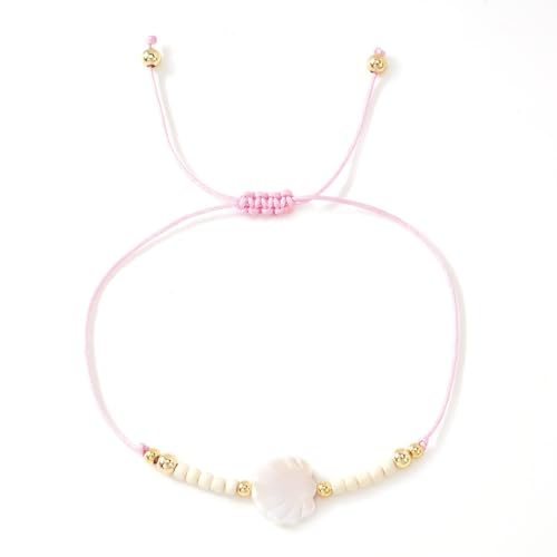 Boho Glass Seed Beaded Bracelets For Women, Handmade Romantic Gold Plated charm String Braided Rope Adjustable Jewelry, Summer Beach Daily Party Friendship Gift - color: Pink Shell