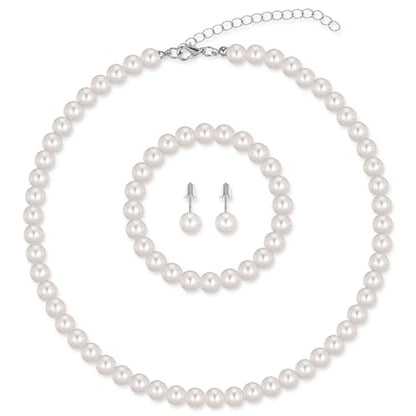 3Pcs White Faux Pearl Jewelry Set for Women – Pearl Necklace Earrings Bracelet Set for Wedding Bridal Birthday Tea Party Gift