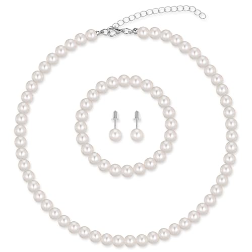 3Pcs White Faux Pearl Jewelry Set for Women – Pearl Necklace Earrings Bracelet Set for Wedding Bridal Birthday Tea Party Gift