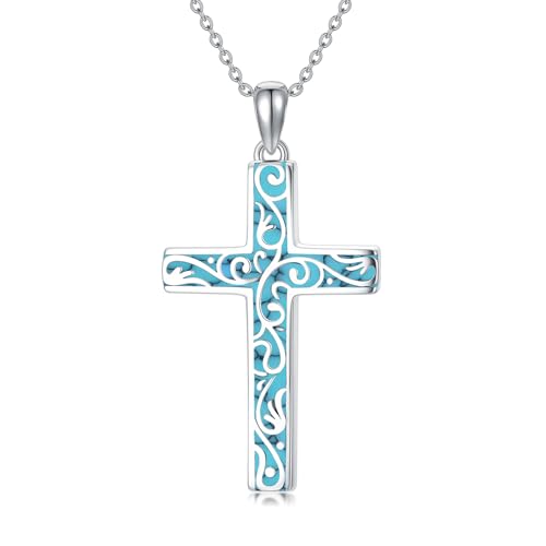 Cross Necklace for Men Women 925 Sterling Silver Cross Pendant Necklace Christian Religious Jewelry Gifts for Anniversary - color: 17-Turquoise Cross