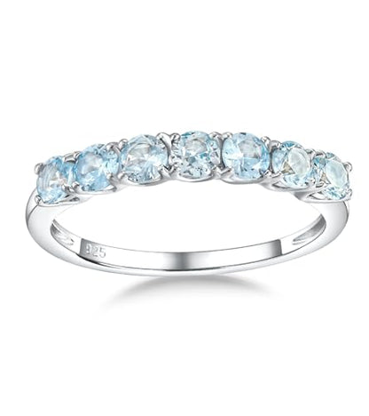 Birthstone Wedding Band Eternity Rings 925 Sterling Silver Rings Stackable Anniversary Engagement Rings Cubic Zirconia Inlaid Created Garnet/Amethyst/Sapphire Ring 7 Stone Ring, Size 6 to 10 - color: Aquamarine