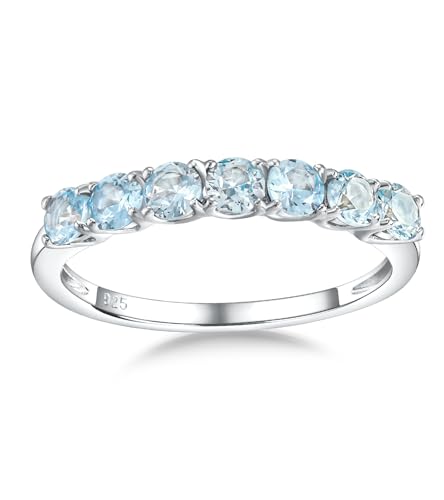 Birthstone Wedding Band Eternity Rings 925 Sterling Silver Rings Stackable Anniversary Engagement Rings Cubic Zirconia Inlaid Created Garnet/Amethyst/Sapphire Ring 7 Stone Ring, Size 6 to 10 - color: Aquamarine