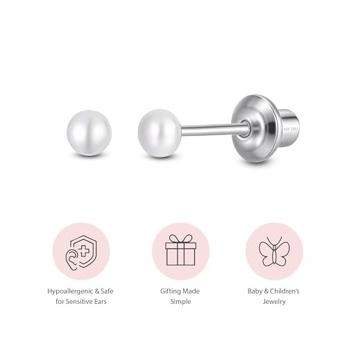 Pearl Screw Back Stud Earrings, 925 Sterling Silver Hypoallergenic - color: White, size: 3mm-Small
