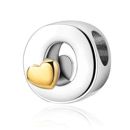 Two-Tone Gold Heart S925 Silver Letter Charm Fits Pandora Bracelet Necklace | Initial Bead Two-Tone Gold Heart, DIY European Bracelet Accessory, Gift for Ladies Birthday Anniversary Valentine - style: O
