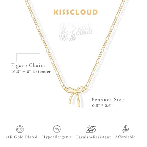 Gold Silver Necklace for Women, Dainty Cubic Zirconia Pendant | Teardrop CZ Charm, 14K Gold/Sterling Silver Plated, Adjustable Chain, Hypoallergenic & Waterproof Jewelry, Cute Trendy Gift - color: Gold-Bow/figaro chain