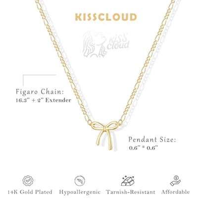 Gold Silver Necklace for Women, Dainty Cubic Zirconia Pendant | Teardrop CZ Charm, 14K Gold/Sterling Silver Plated, Adjustable Chain, Hypoallergenic & Waterproof Jewelry, Cute Trendy Gift - color: Gold-Bow/figaro chain