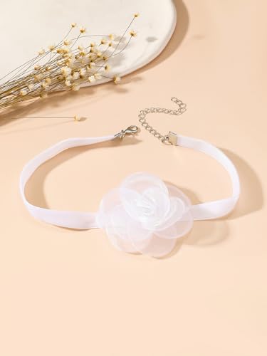 Rose Black Velvet Floral Choker Necklace - Camellia Daisy Rosette - Spring Summer Flower Jewelry - color: White 4